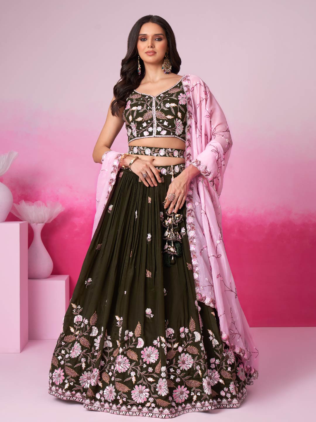 Women's Olive Organza Sequins Embroidery Lehenga Choli & Dupatta - Royal Dwells