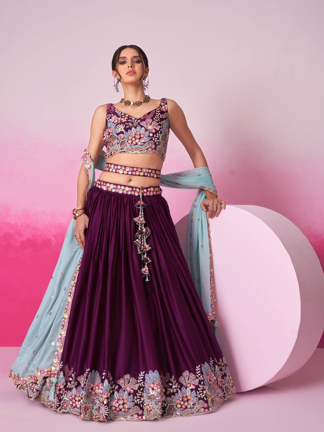 Women's Burgundy Satin Silk Sequin Embroidery Lehenga Choli & Dupatta - Royal Dwells