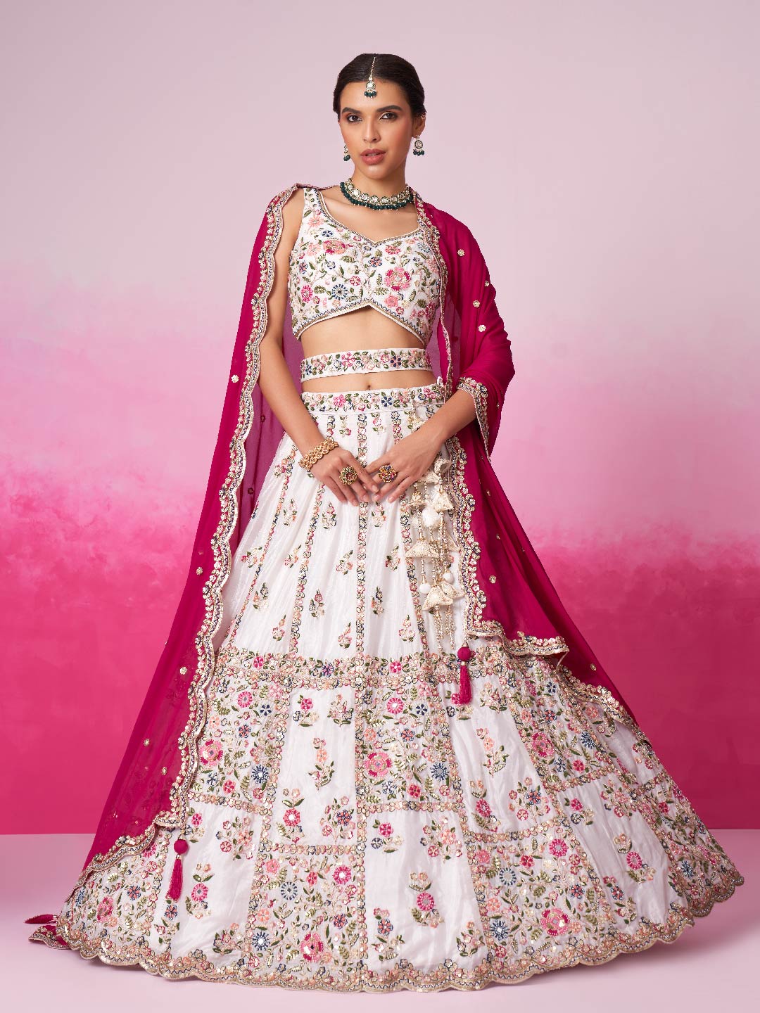 Women's Cream Georgette Moti Sequins Embroidery Bridal Lehenga Choli & Dupatta - Royal Dwells