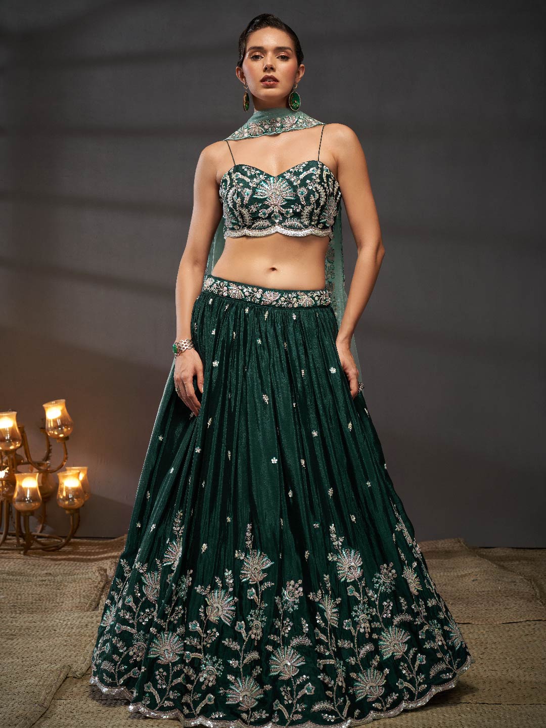 Women's Green Pure Chiffon Sequins Embroidery Lehenga Choli & Dupatta - Royal Dwells