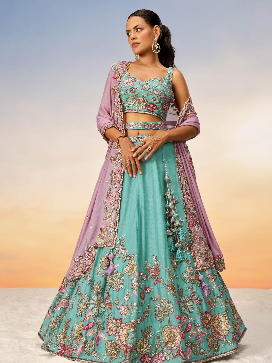 Women's Turquoise Blue Pure Georgette Mirror With Sequins Embroidery Lehenga Choli & Dupatta - Royal Dwells