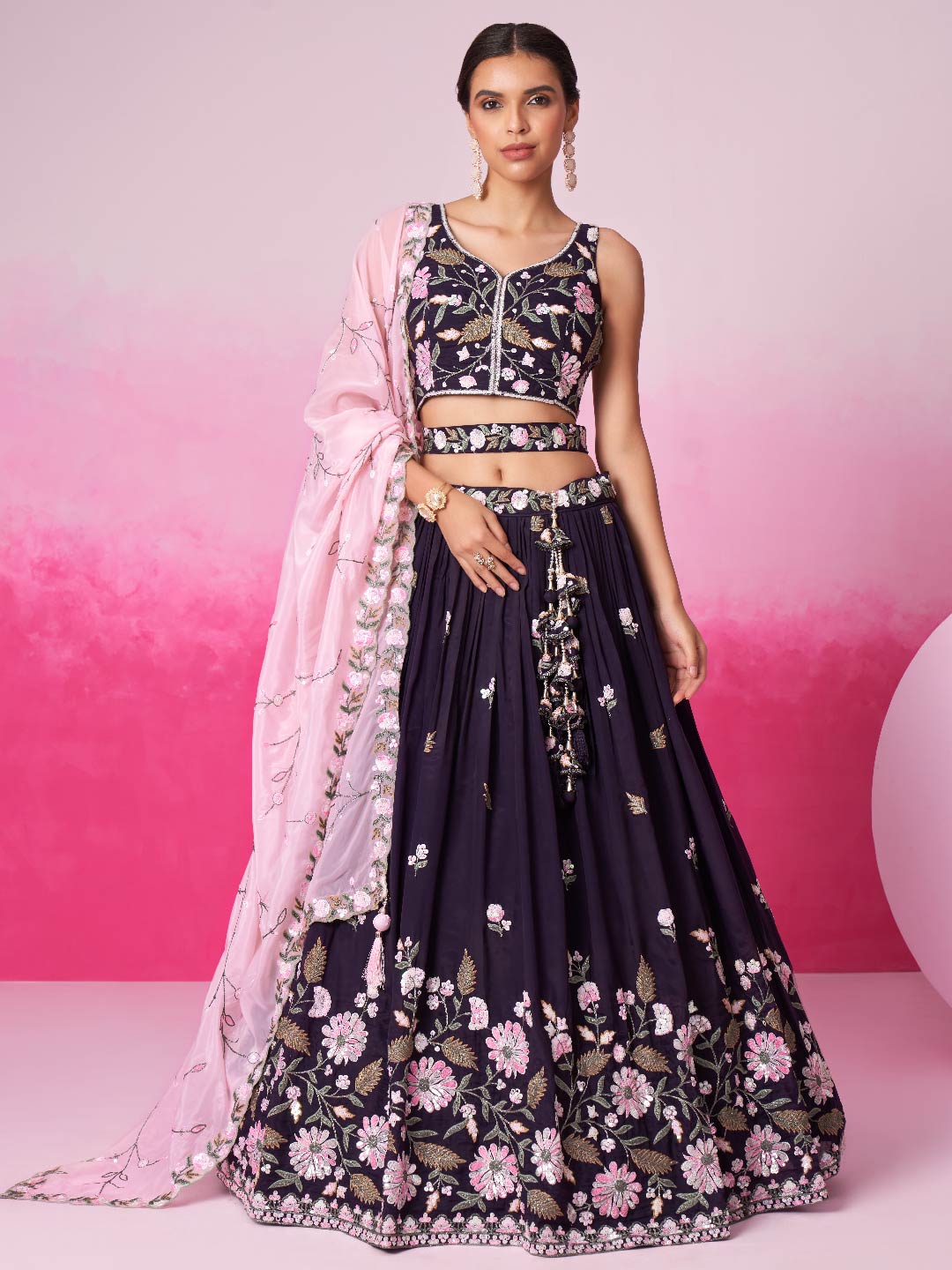 Women's Purple Organza Sequins Embroidery Lehenga Choli & Dupatta - Royal Dwells