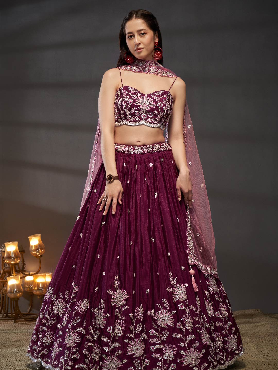 Women's Burgundy Pure Chiffon Sequins Embroidery Lehenga Choli & Dupatta - Royal Dwells