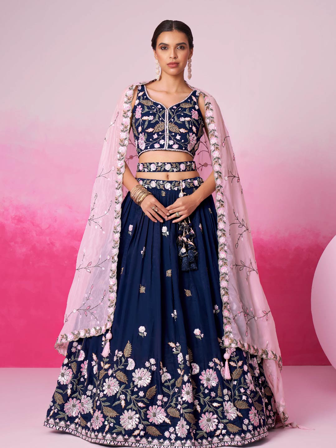 Women's Navy Blue Organza Sequins Embroidery Lehenga Choli & Dupatta - Royal Dwells