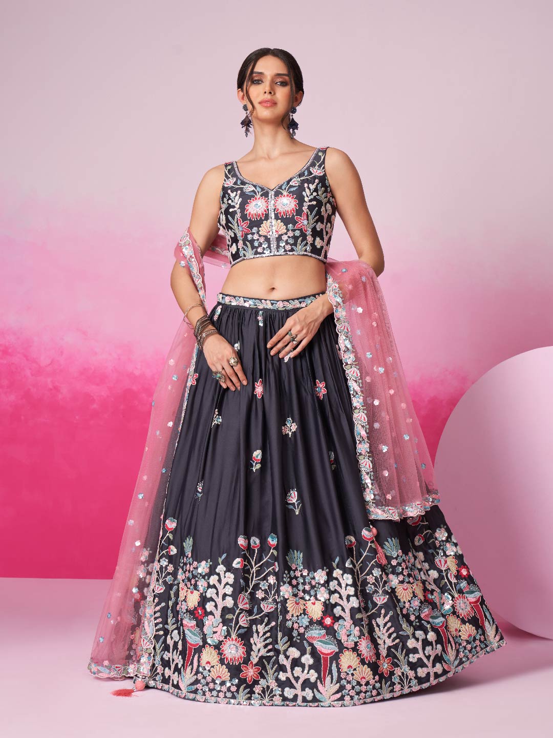 Women's Grey Satin Silk Sequin Embroidery Lehenga Choli & Dupatta - Royal Dwells