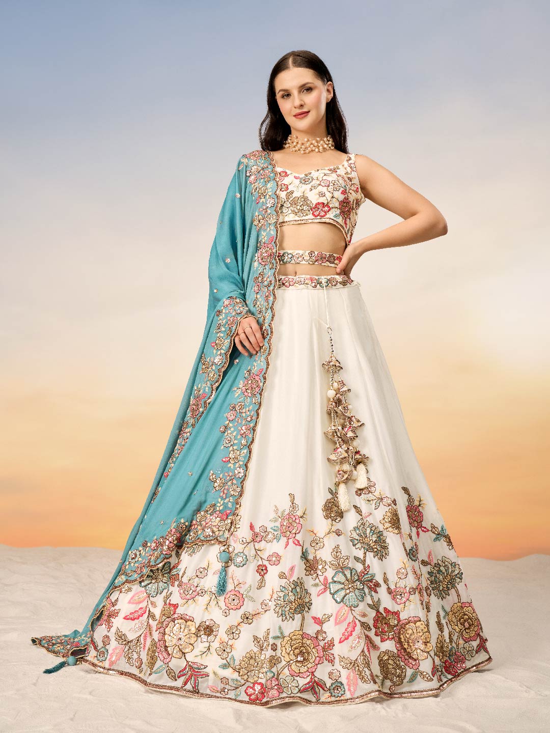 Women's Cream Pure Georgette Mirror With Sequins Embroidery Lehenga Choli & Dupatta - Royal Dwells