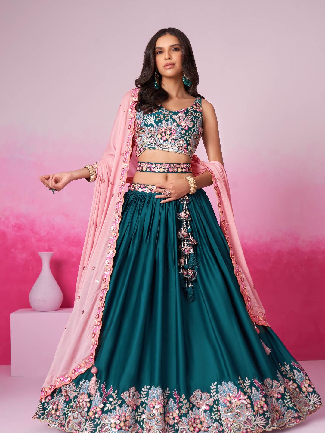 Women's Teal Satin Silk Sequin Embroidery Lehenga Choli & Dupatta - Royal Dwells