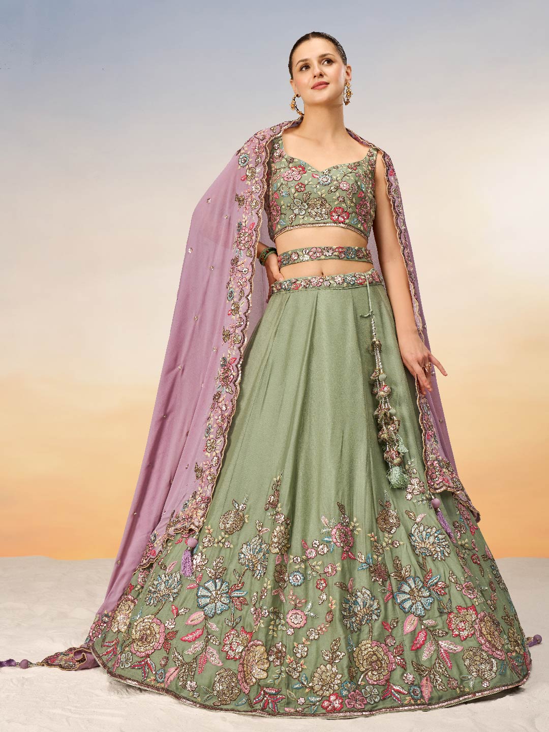 Women's Lime Green Pure Georgette Mirror With Sequins Embroidery Lehenga Choli & Dupatta - Royal Dwells