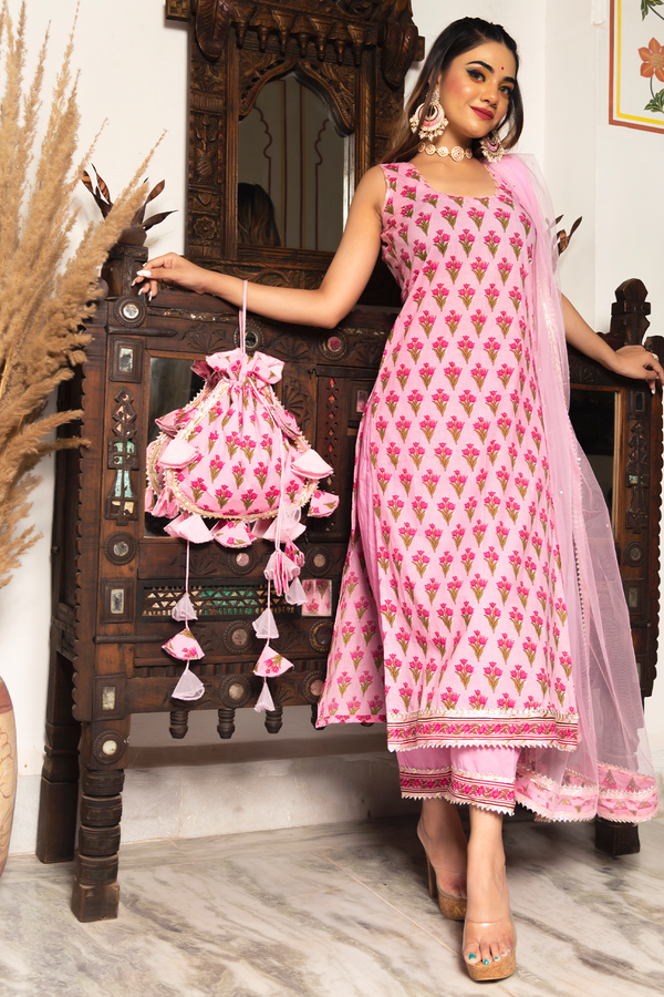 Women's GULBAHAR PINK HAND BLOCK SUIT SET - Pomcha Jaipur