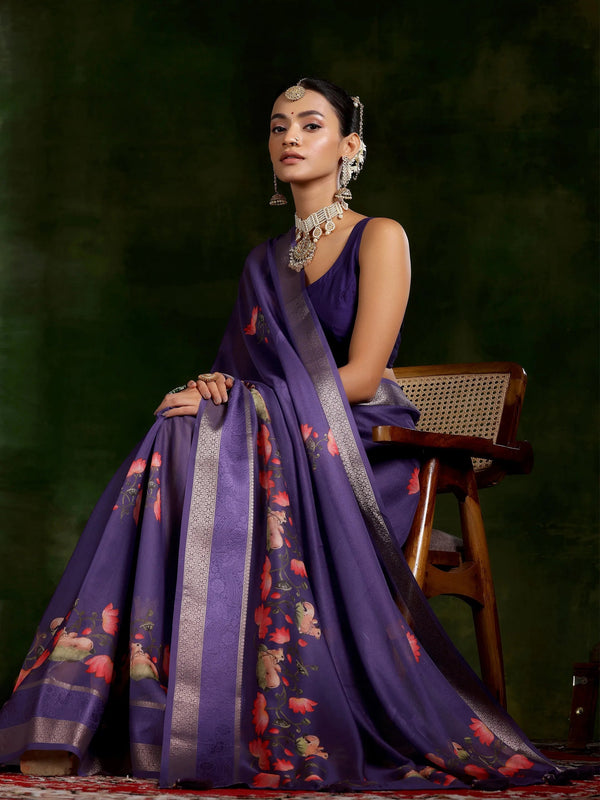 Purple Printed Silk Blend Saree With Unstitched Blouse Piece