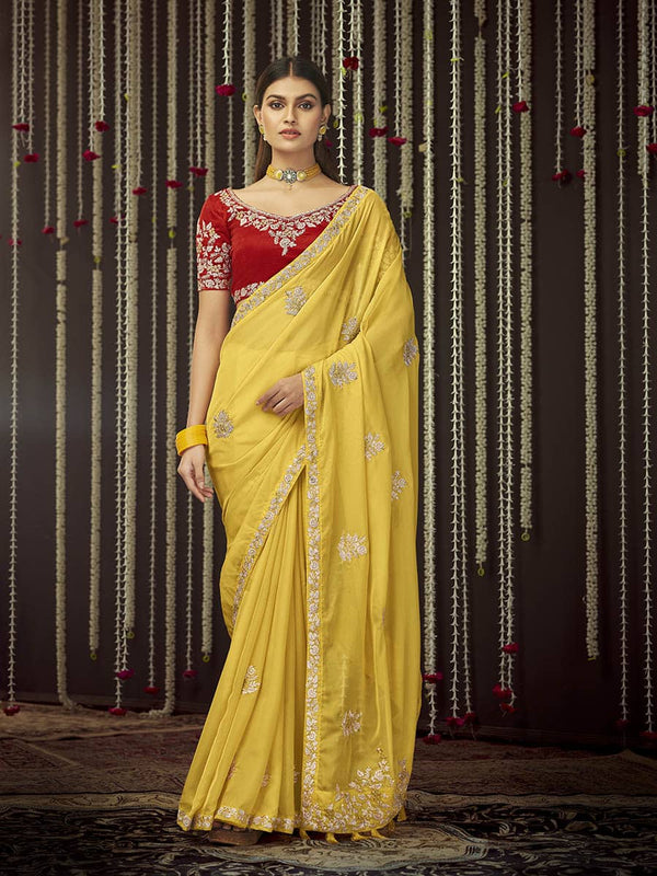 Women's Mustard Art Silk Heavy Embroidered Designer Saree - Myracouture