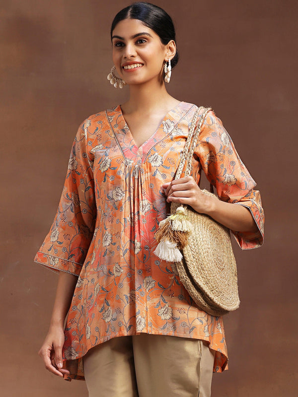 Peach Printed Silk Blend A-Line Kurti