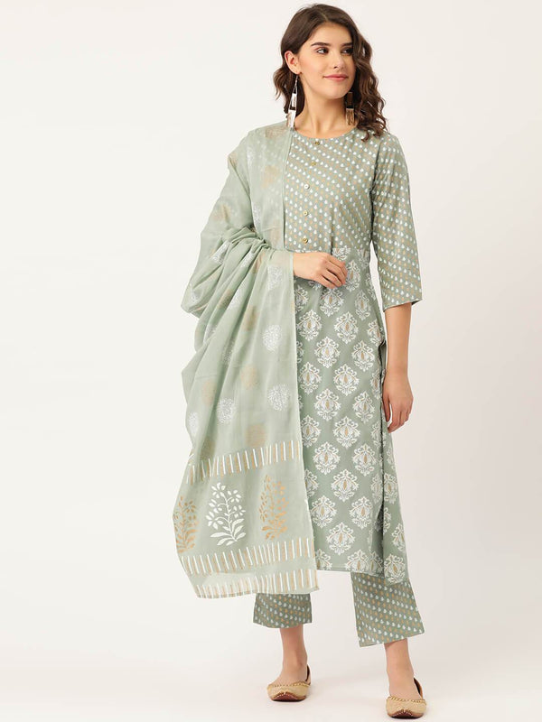 Women's Cotton Gold Printed Suit Set With Dupatta - Maaesa