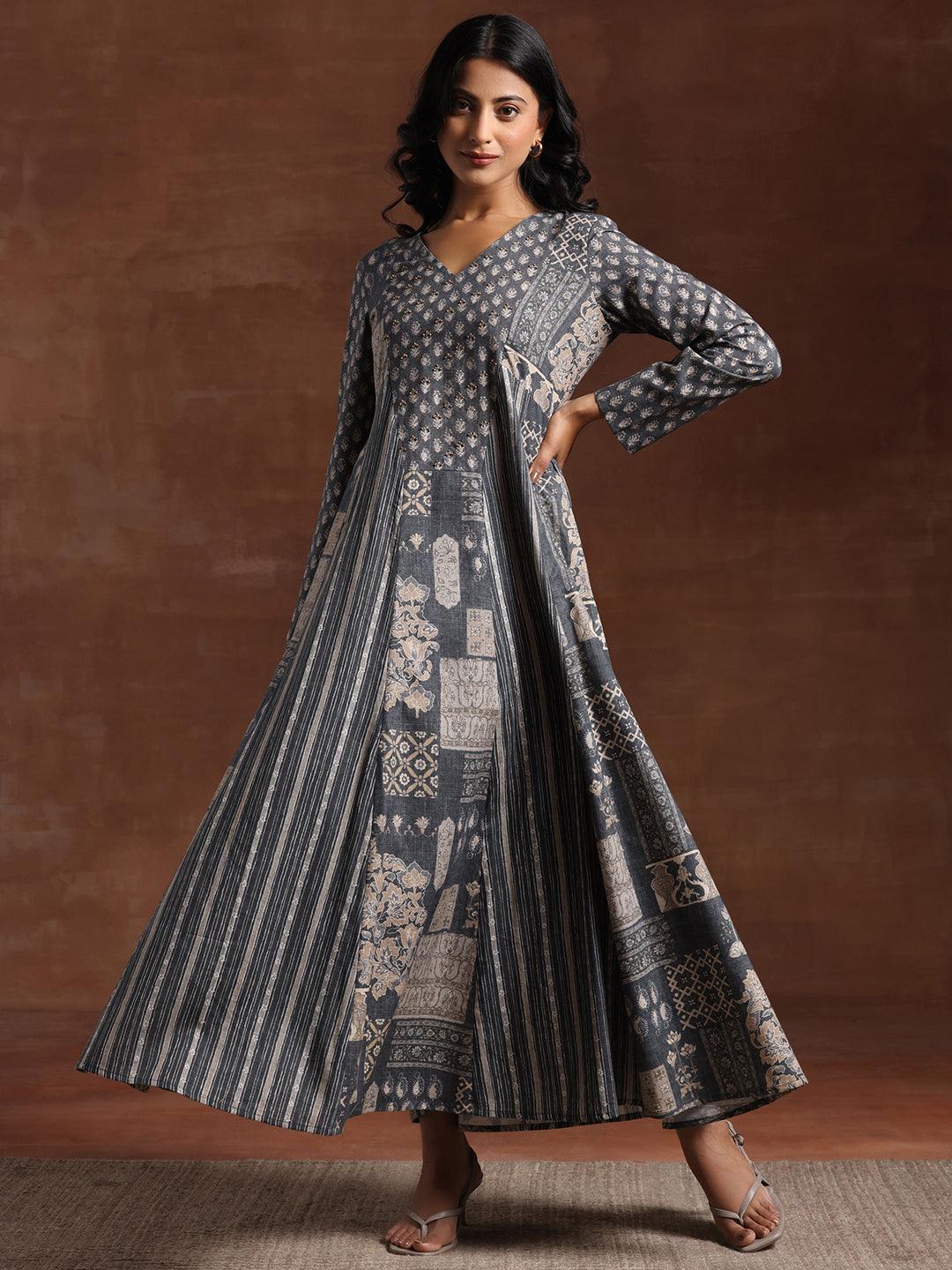 Grey Printed Linen A-Line Dress - Jashvi