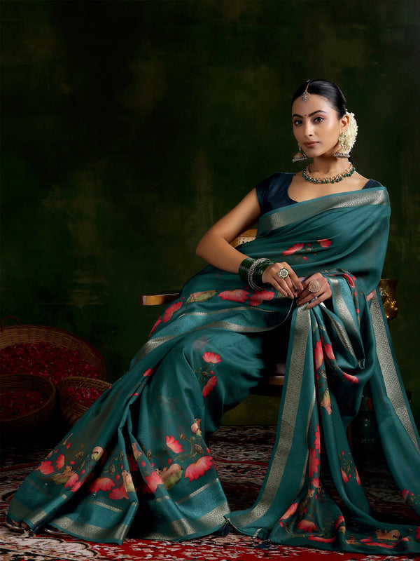 Green Printed Silk Blend Saree With Unstitched Blouse Piece