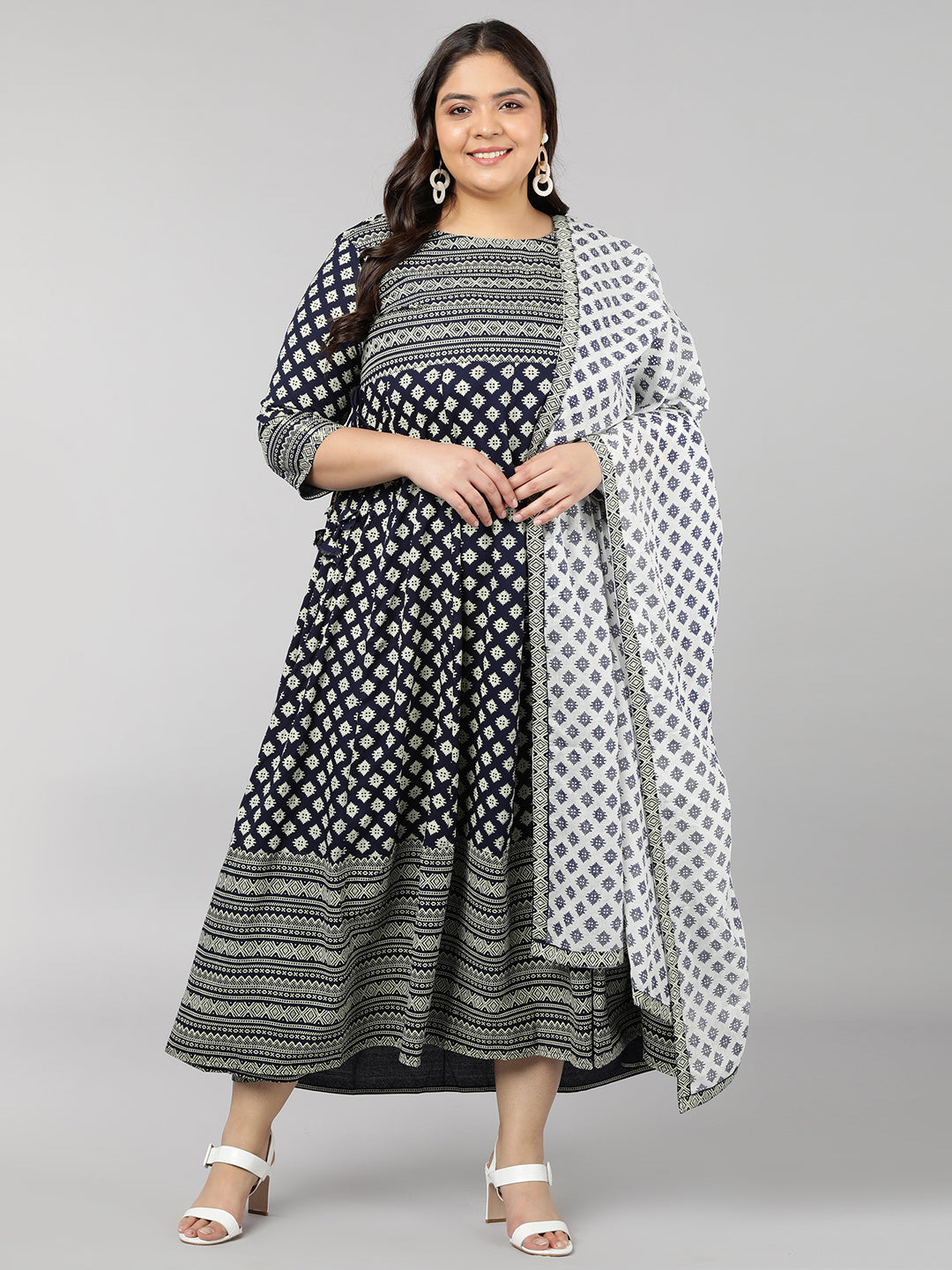 Women's Rayon Printed Regular Kurta Set (Navy) - Kipek