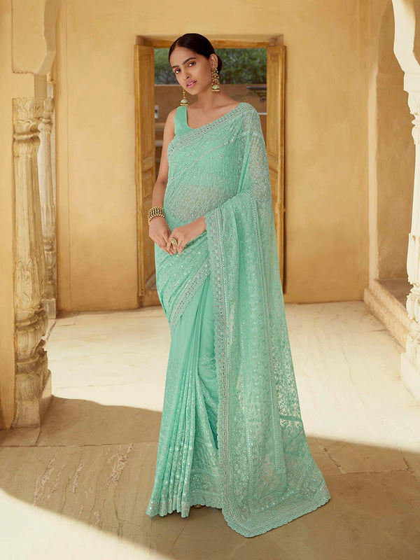 Women's Green Embroidered Georgette Fancy saree-Myracouture