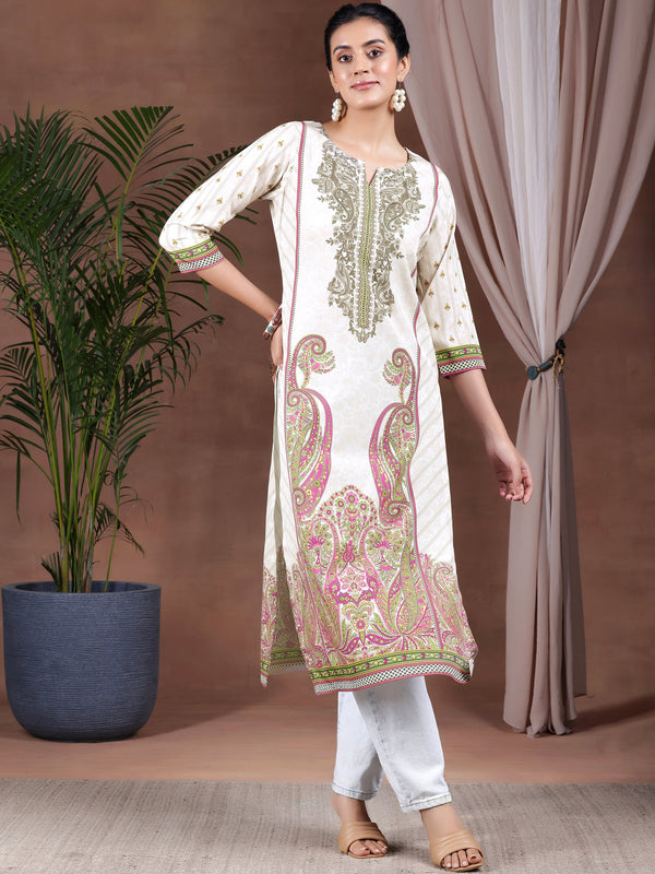 Beige Printed Crepe Straight Kurta