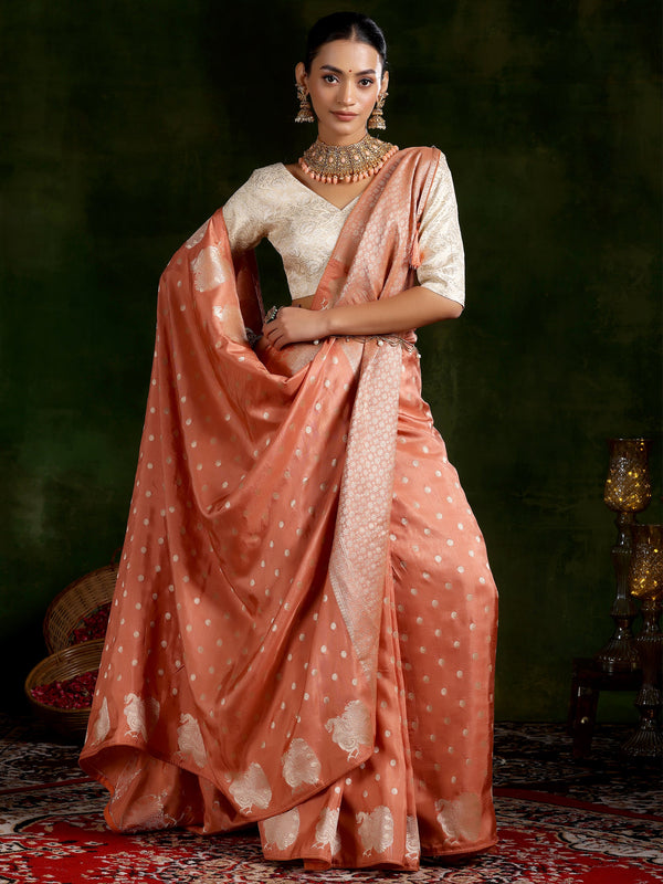 Peach Woven Design Silk Blend Saree With Unstitched Blouse Piece