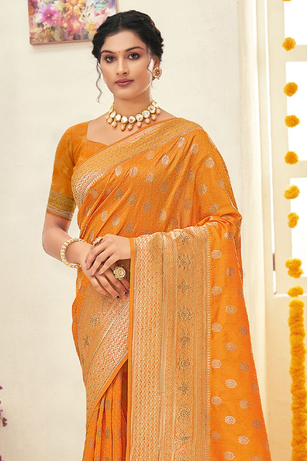 Women's Mustard Silk Woven Zari Work Traditional Tassle Saree - Sangam Prints