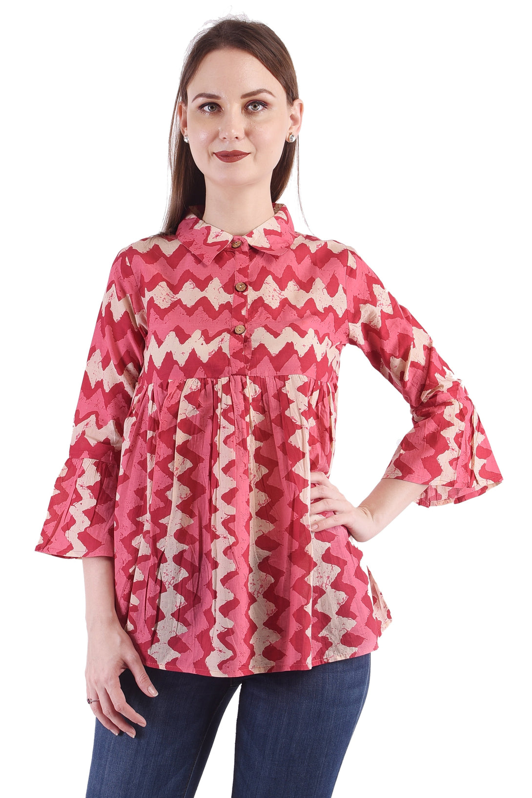 Women's Pink Cotton Chevron Gatther Top - Deckedup