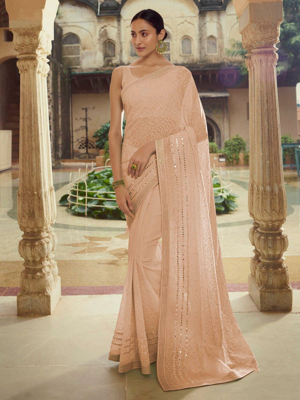 Women's Beige Embroidered Georgette Fancy saree-Myracouture