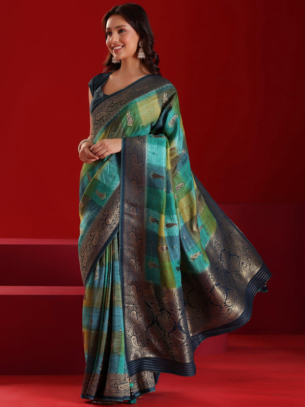 Jashvi Art Green Woven Design Satin Saree With Unstitched  Blouse Piece