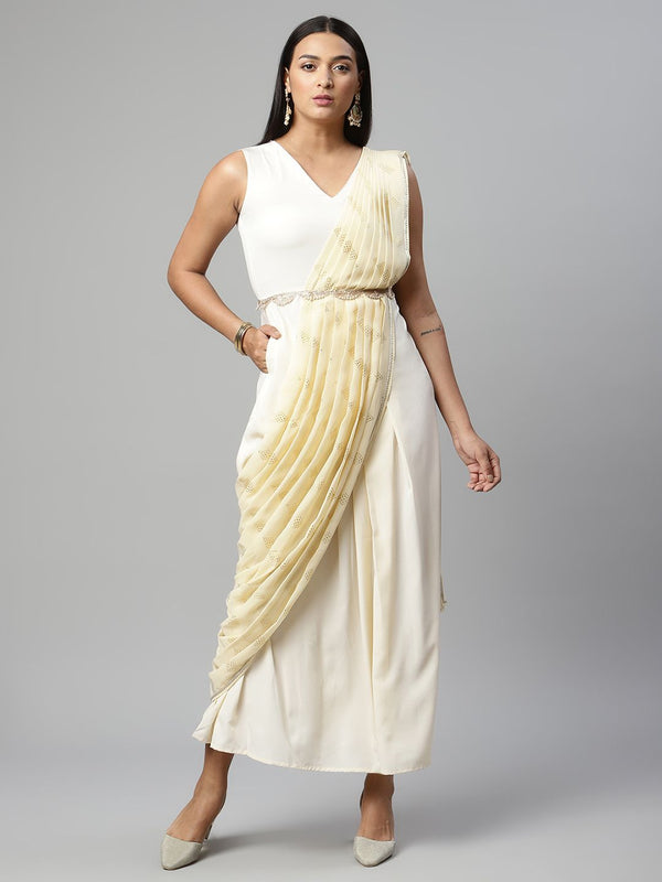 Off White Georgette Saree Dress With Printed Pallu