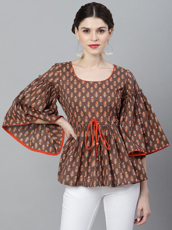 Women's Brown & Orange Printed Tunic - AKS