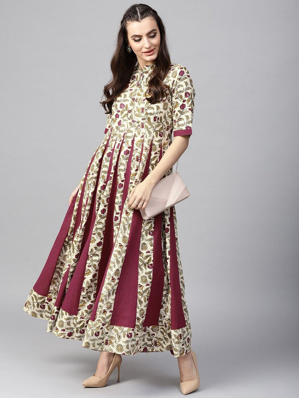 Women's  Beige & Maroon Printed Anarkali Kurta - AKS