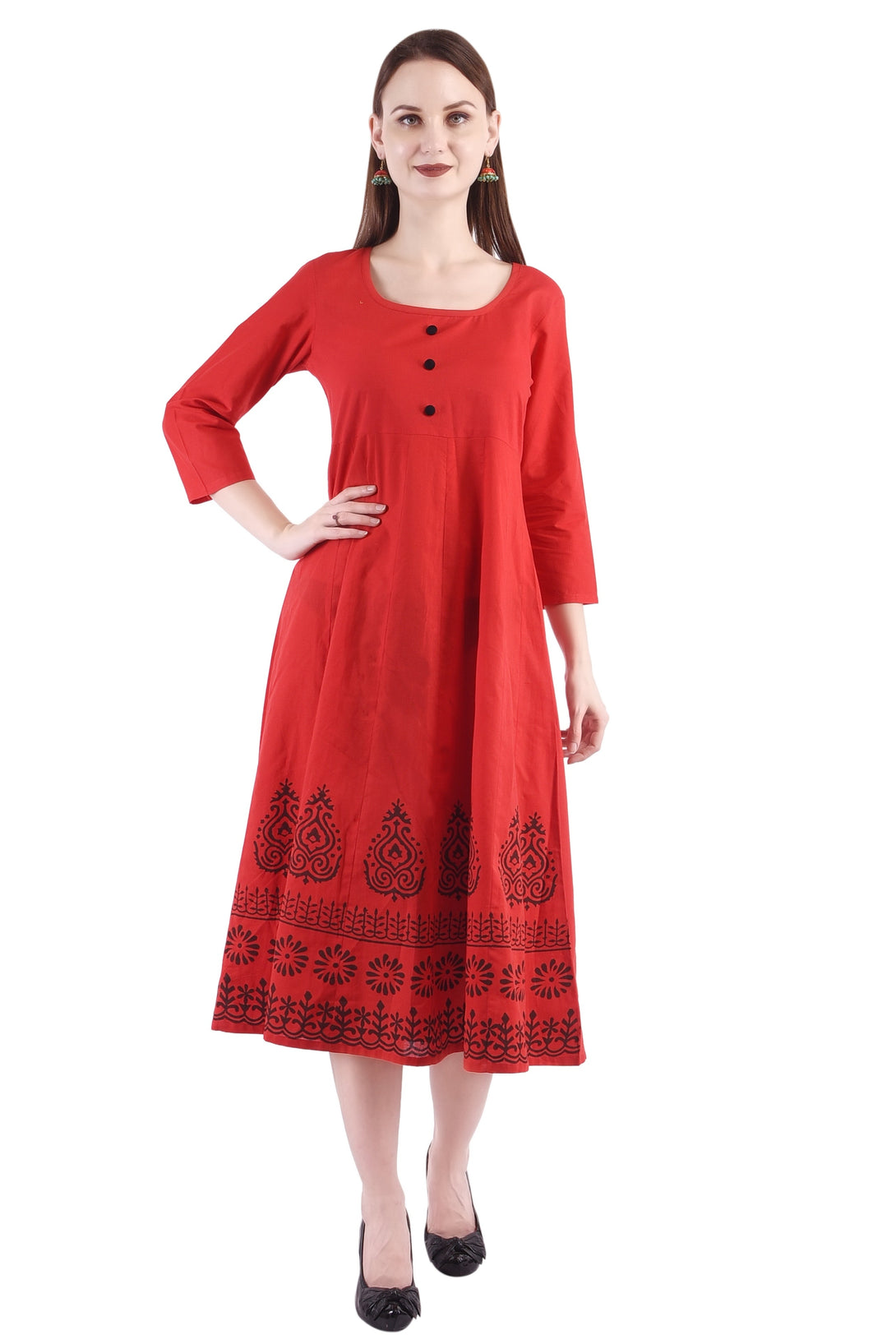 Women's Casual Rayon Hand Block Anarkali Kurti (Skf033_Red) - Deckedup