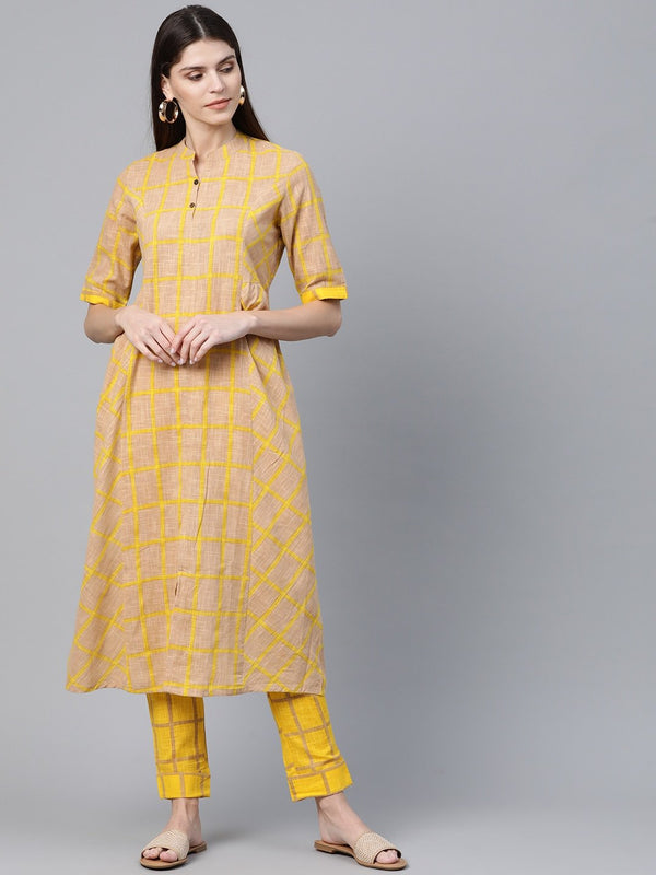 Women's  Beige & Mustard Yellow & Beige Checked Kurta with Trousers - AKS