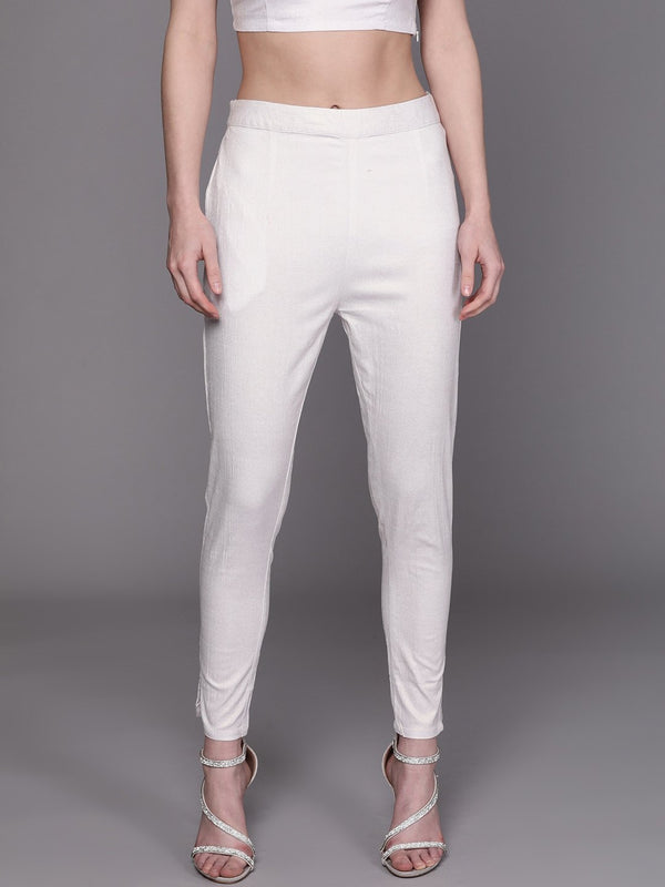 Women's  White Solid Regular Cropped Trousers - AKS