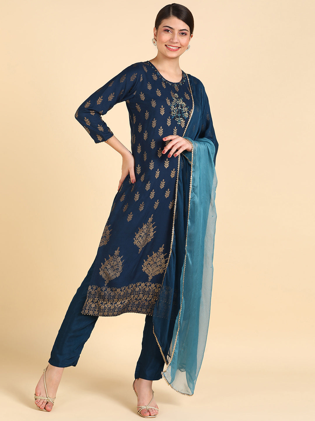 Women's Rayon Self-Design Blue Kurta Set - Maaesa