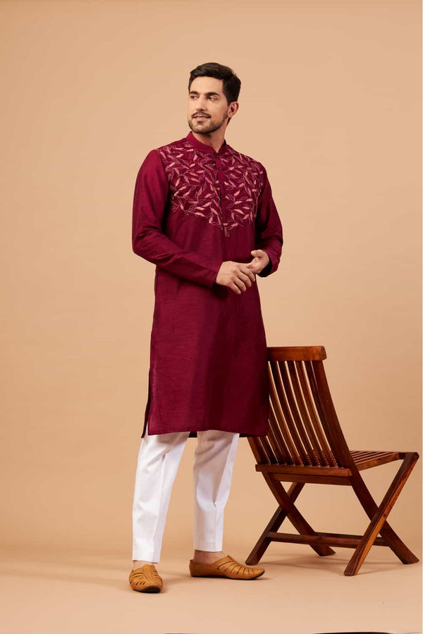 Men's Mauve Color Leaf Motif Basik Kurta Cotton - Hilo Design