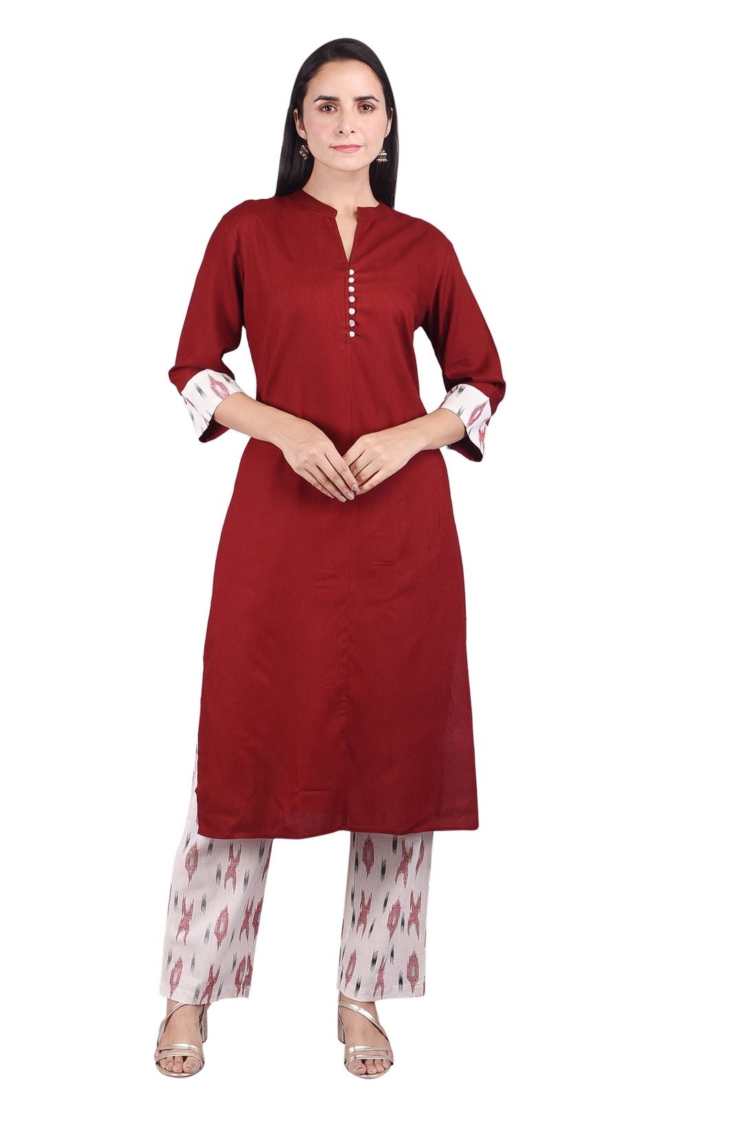 Women's Maroon Rayon Straight Kurti Ikkat Pant Set (Skf040) - Deckedup