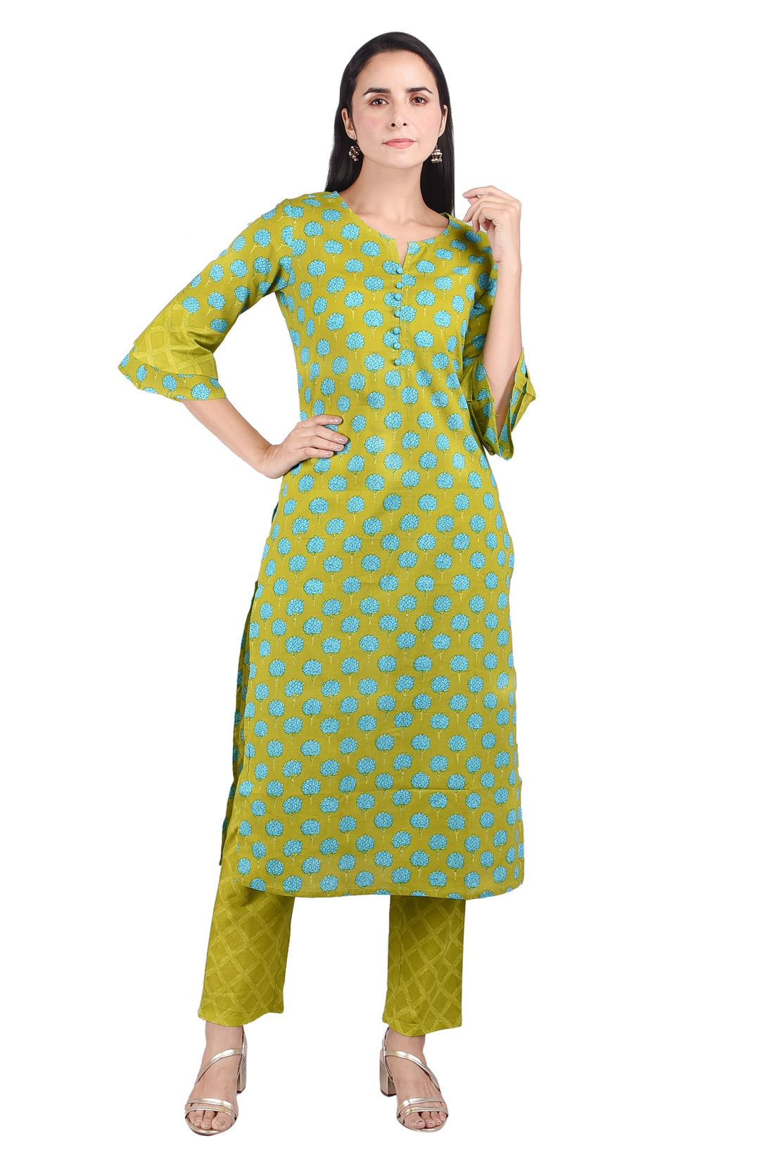 Women's Cotton Green Straight Printed Kurta Pant Set(Skf042) - Deckedup