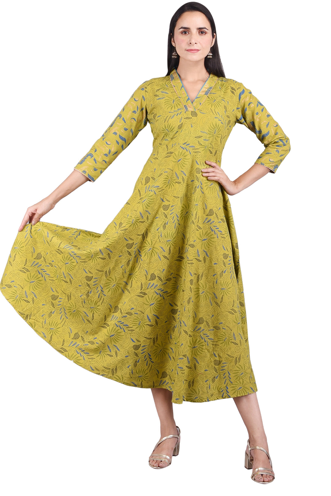 Women's Cotton Slub Green Flared Printed Floor Length Dress Kurta(Skf043) - Deckedup