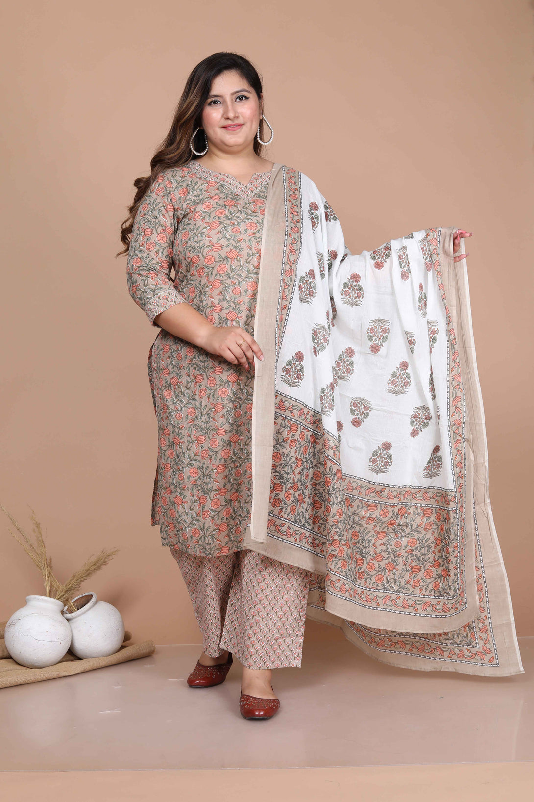 Women's Plus Size Brown Floral Printed Gotta Patti Pure Cotton Kurta With Palazzo And Dupatta Set - Miravan