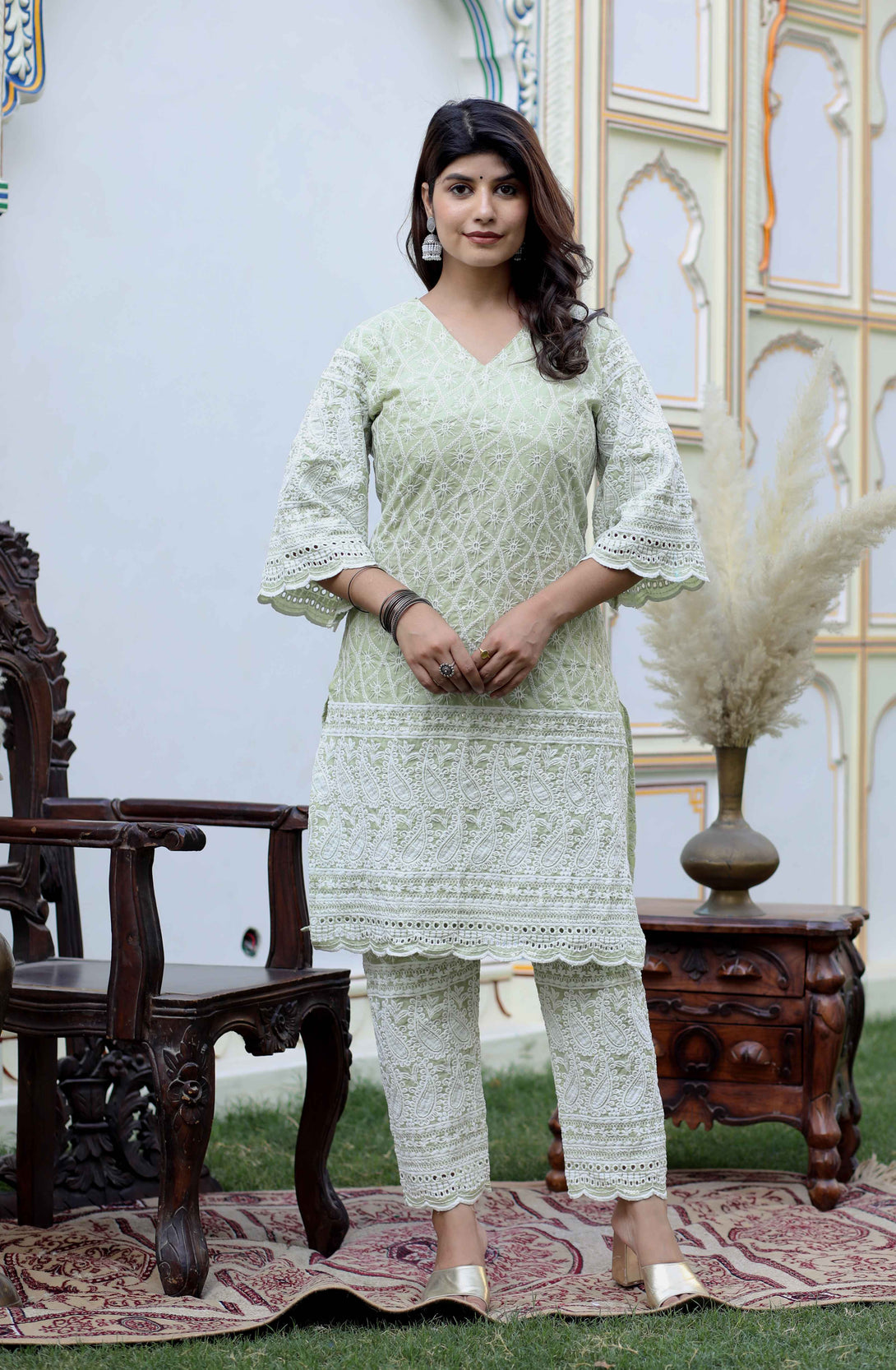 Women's Green Embroidery Chikankari Party Wear Kurta And Palazzo Set - Miravan