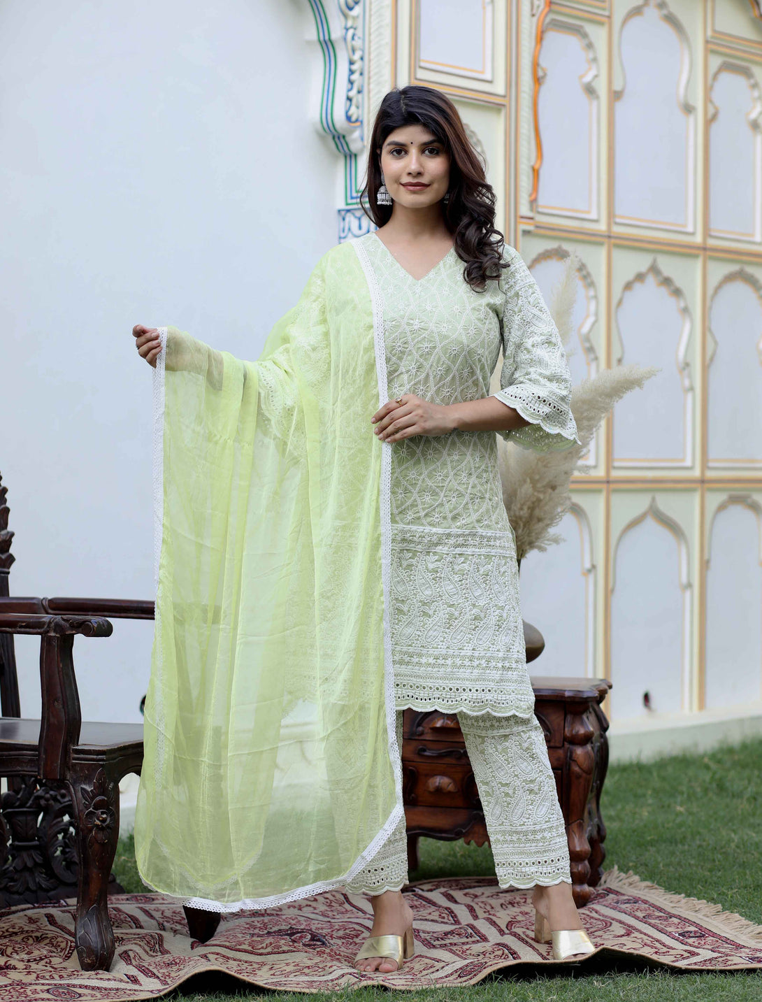 Women's Green Embroidery Chikankari Wedding Wear Kurta And Palazzo With Dupatta Set - Miravan