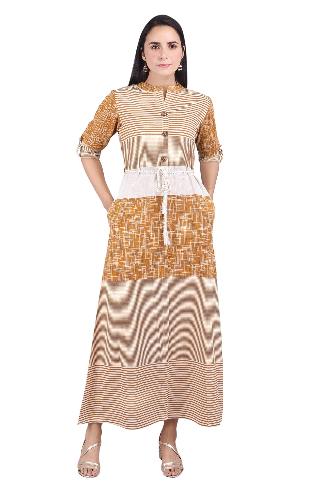 Women's Cotton Slub Musturd Aline Pocket Printed Floor Length Dress Kurta With Tie-Up(Skf045) - Deckedup