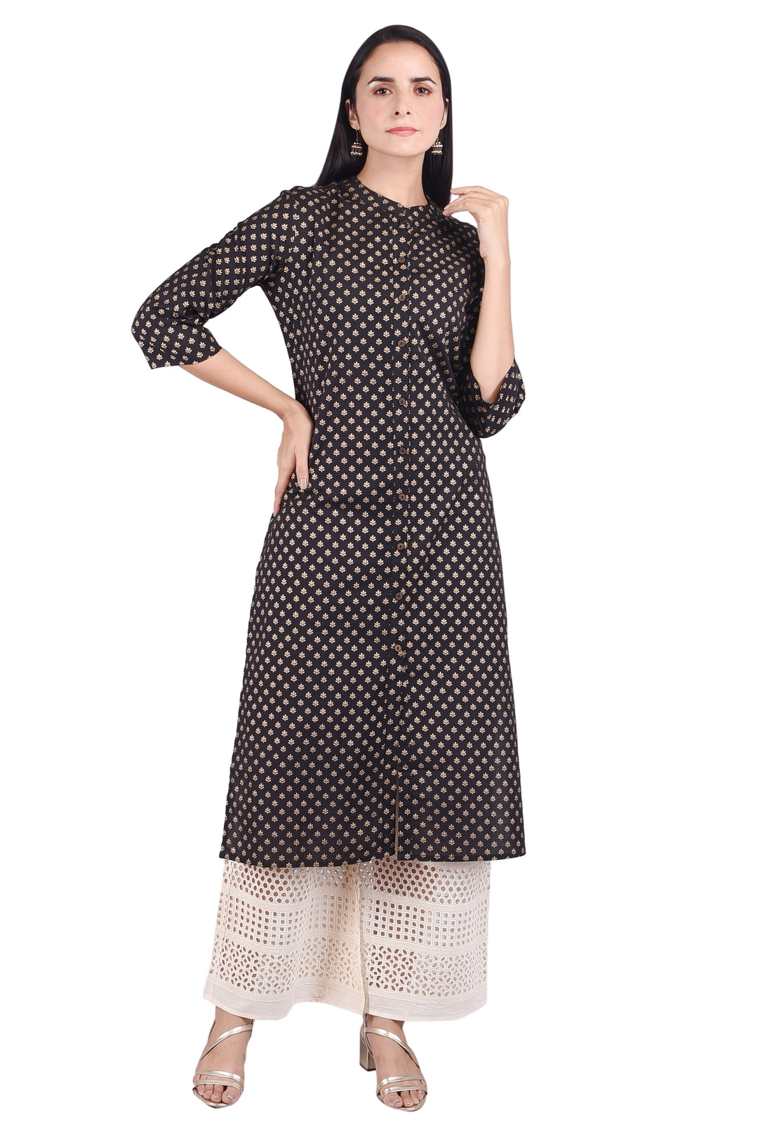 Women's Black Cotton Gold Print Straight Kurta(Skf047)  - Deckedup