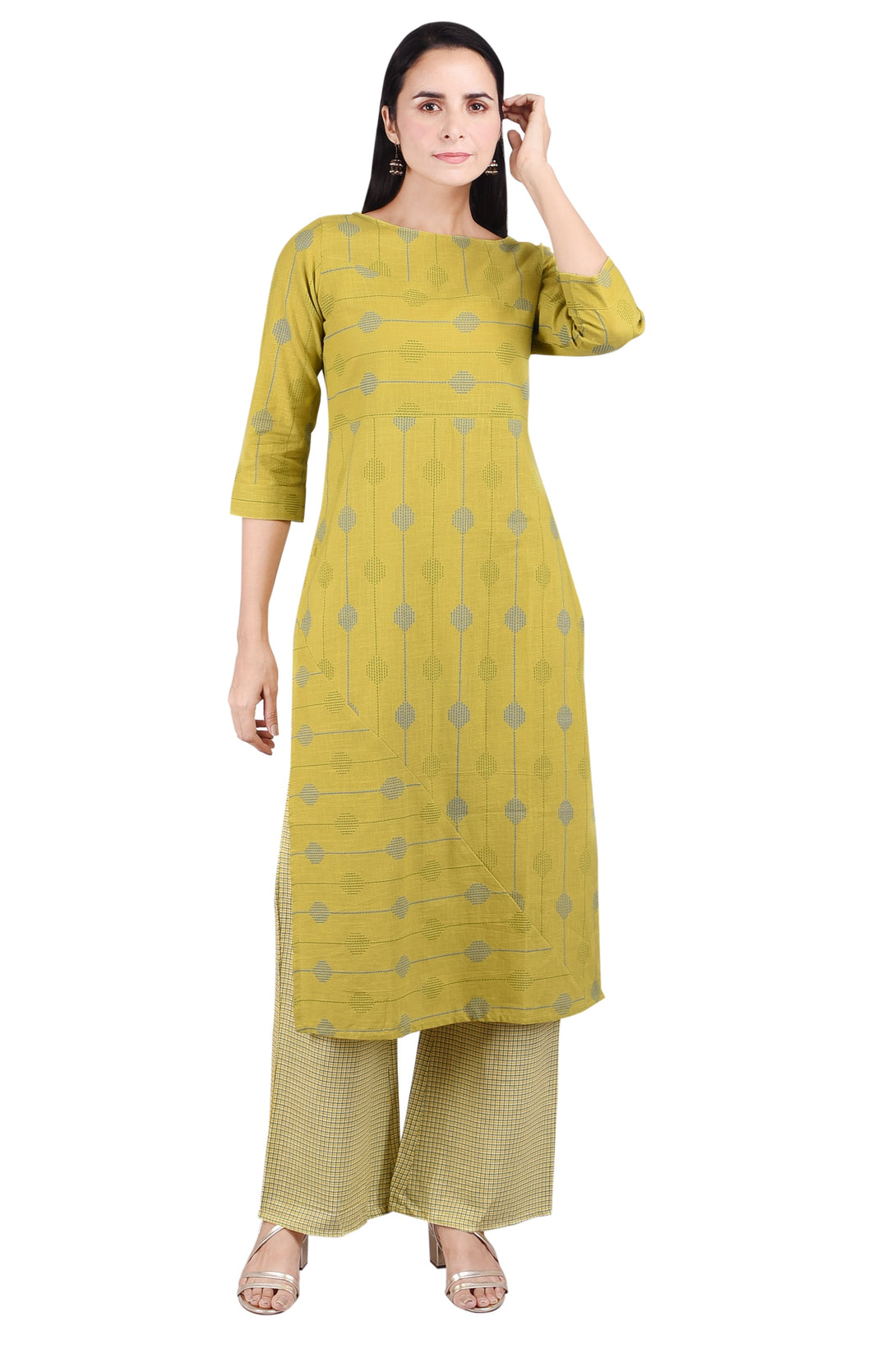 Women's Cotton Slub Geometric Straight Light Green Kurta(Skf049) - Deckedup