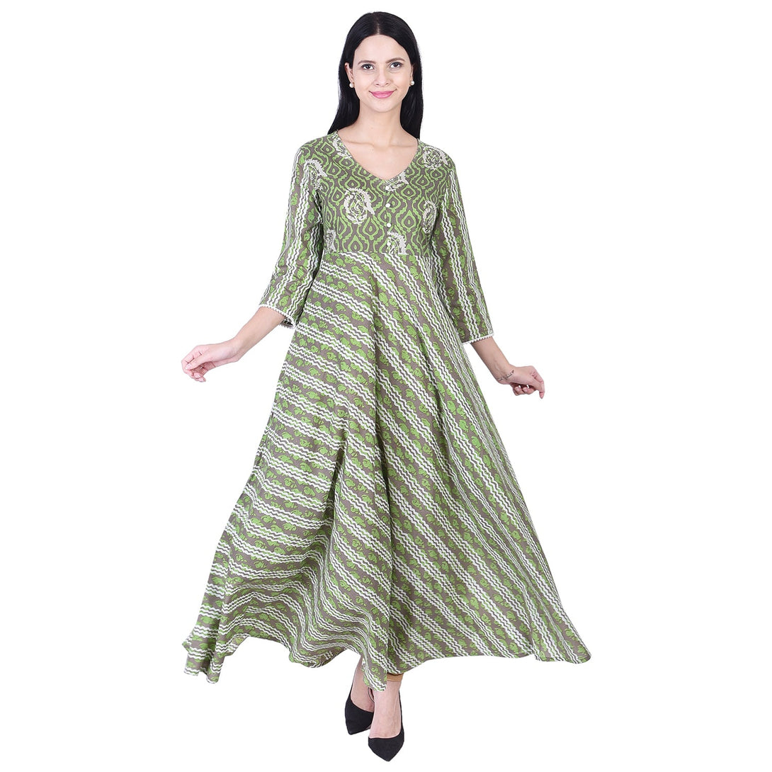 Women's Pure Cotton Green And White Floral Printed Flared Long Dress (Skf004) - Deckedup