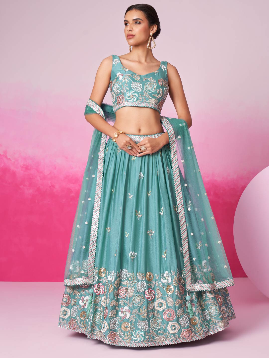 Women's Turquois Blue Pure Georgette Sequins Embroidery Lehenga Choli & Dupatta - Royal Dwells