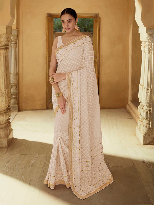 Women's Beige Embroidered Georgette Fancy saree-Myracouture