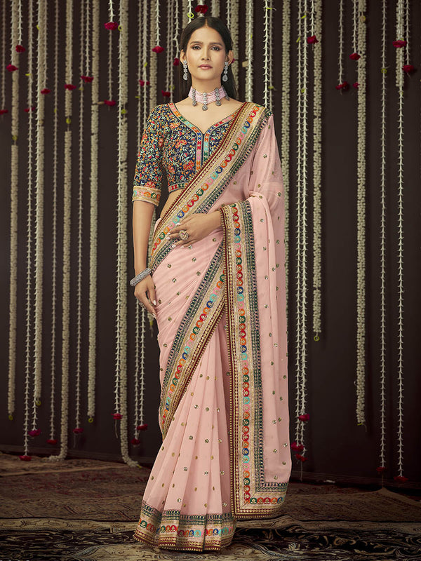 Women's Baby Pink Art Silk Heavy Embroidered Designer Saree - Myracouture