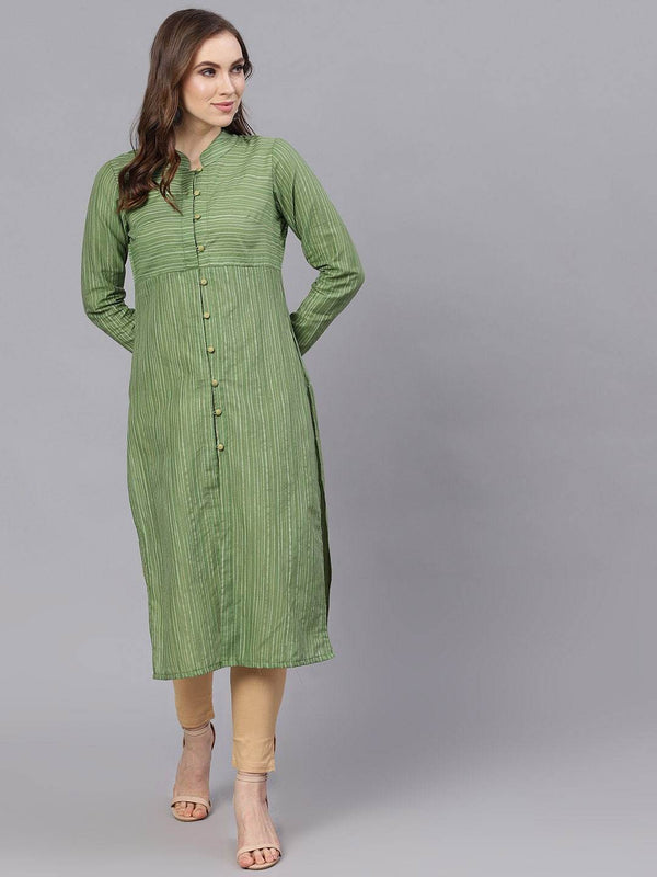 Women's  Green Striped Straight Kurta - AKS