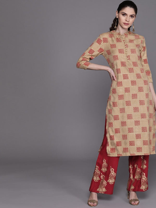 Women's  Beige & Maroon Printed Kurta with Palazzos - AKS